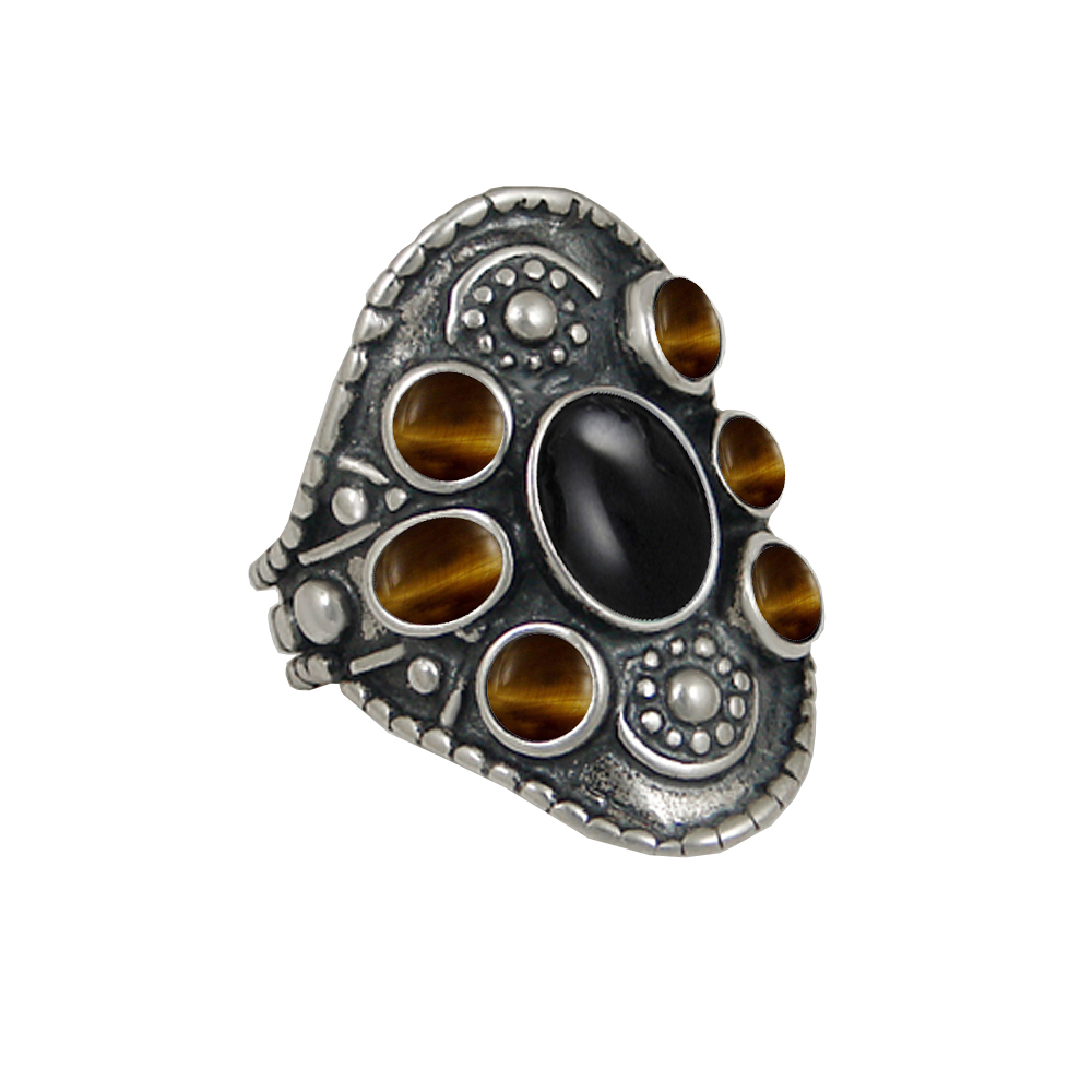 Sterling Silver High Queen's Ring With Black Onyx And Tiger Eye Size 7